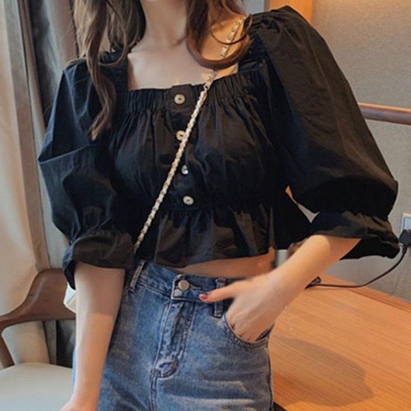 

women's blouses & shirts casual sweet retro puff sleeve shirt ruffled square neckline shoulder folds waist short top, White