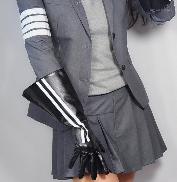 

women' fashion wide sleeve pu leather glove lady' club performance formal party leather black stripe long glove 38cm r24721, Blue;gray