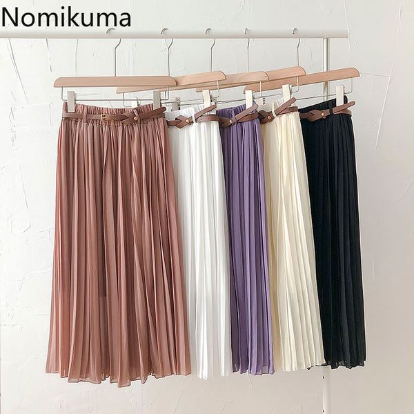 

nomikuma pleated skirt women summer korean style solid color high waist a line mid calf skirts with belt faldas mujer 210514, Black
