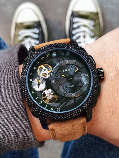 

wristwatches megir creative fashion analog quartz wrist watch men leather waterproof casual military sports watches clock relogio masculino, Slivery;brown