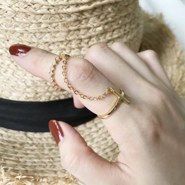 

sterling silver ring with zircon gold fashion cross shiny 2 rings trend female hand jewelry cluster, Golden;silver