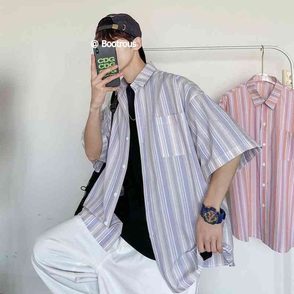 

men's casual shirts summer striped fashion men streetwear korean loose short-sleeved mens dress -xl llun, White;black
