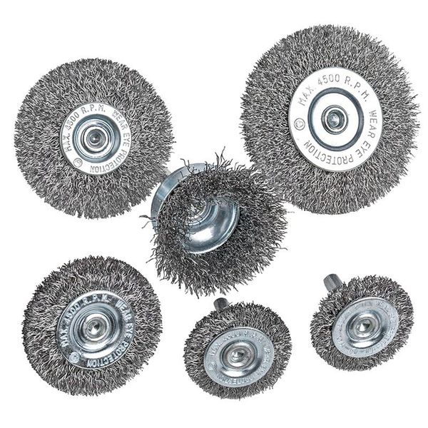 

watering equipments 6piece wire wheel cup brush set 0.0118in coarse crimped steel 1/4in round shank for drill