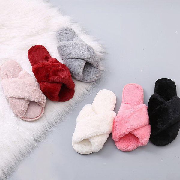 

winter house slippers women home plush warm shoes woman slip on faux fur flats female slides for slipper wsh3748, Black