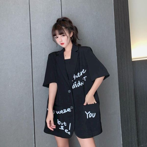 

women's suits & blazers 2021 spring summer white women blazer short sleeve thin suit jacket plus size graffiti fashion ladies oversize, White;black