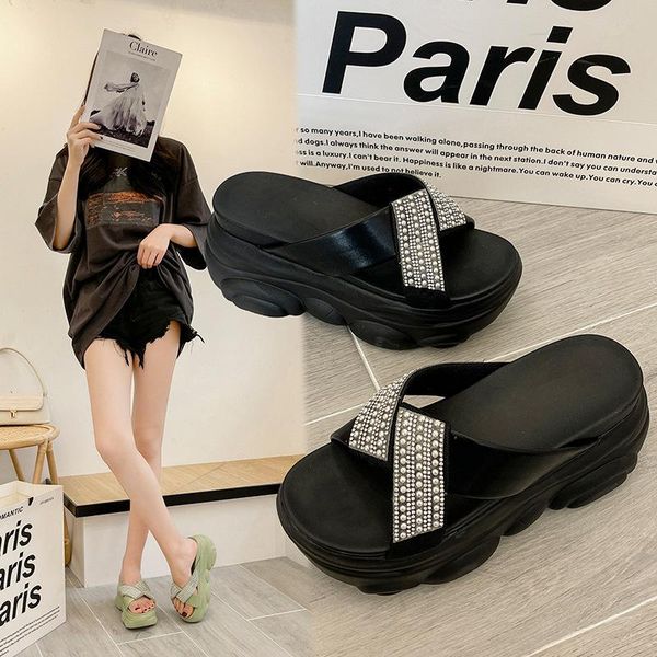 

slippers rhinestones muffin sandals women's summer korean style cross platform height increasing casual high heels a715, Black