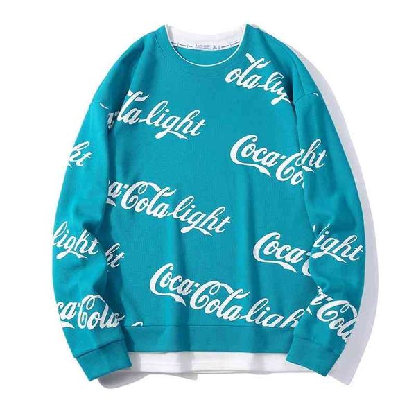 

men's sweater long sleeve round neck casual bottoming shirt loose letter printing youth splicing fake two piece trendy top, Black