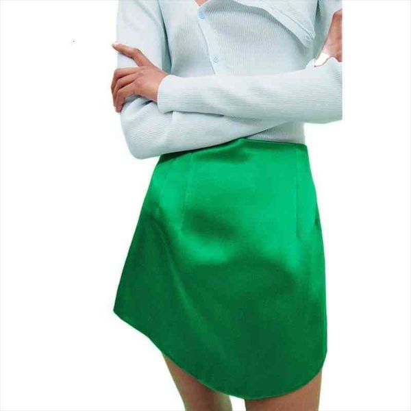 

women summer green silk-like texture skirt vintage side zipper skirt chic, Black