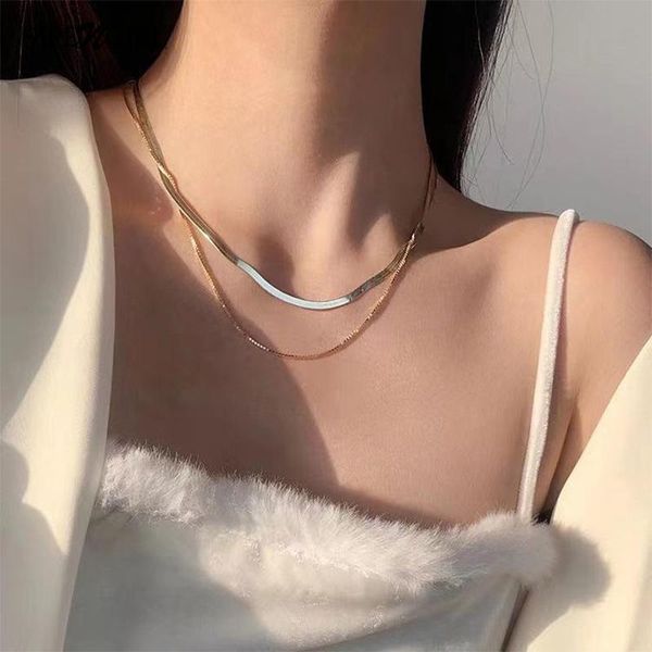 

chains fashion double layer gold chain necklaces stacking snake bone niche design short necklace for women vintage jewelry 2021, Silver