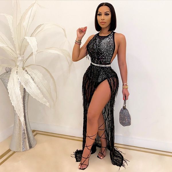 

long party dresses women evening mesh rhinestone bodycon maxi dress with slit birthday outfits for women club dress, Black;white