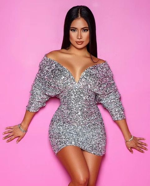 

dresses off shoulder mesh sequins women designer evening party vestido, Black;gray