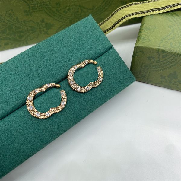 

vintage metal pattern charm earrings diamond double letter studs steel seal eardrops with gift box, Golden