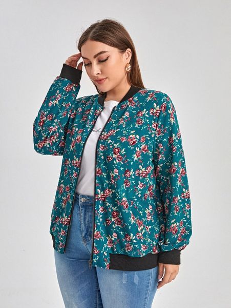 

plus floral print bomber jacket r9nz#, Black