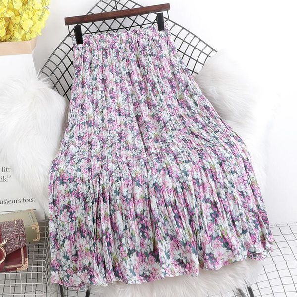 

skirts floral chiffon skirt 2021 high waist slim a-line swing versatile pleated small, Black