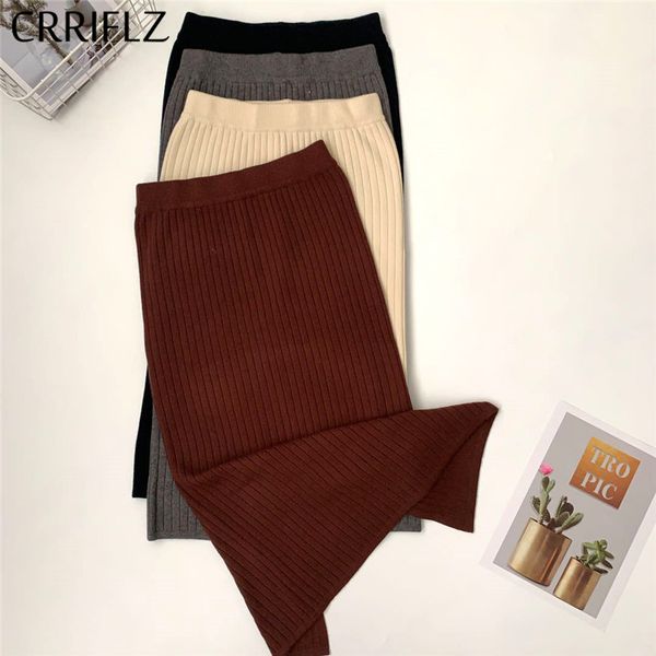 

autumn winter knitted skirt women casual high waist split midi crriflz 210520, Black
