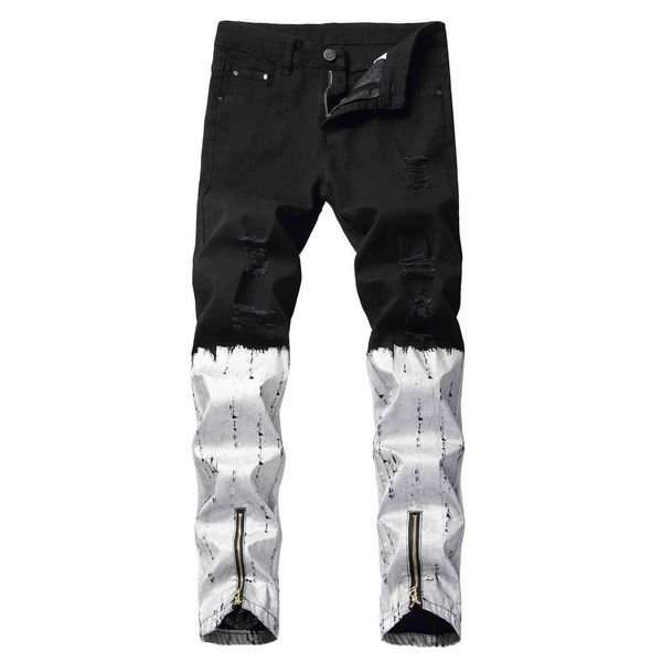 

jeans men's zipper personalized slim fit elastic fashion pants, Blue