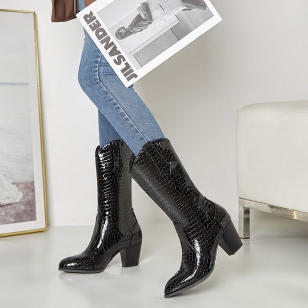 

boots casual pointed toe thick middle heels mid-calf knight pu leather slip-on high bootas versatile autumn winter traveling, Black