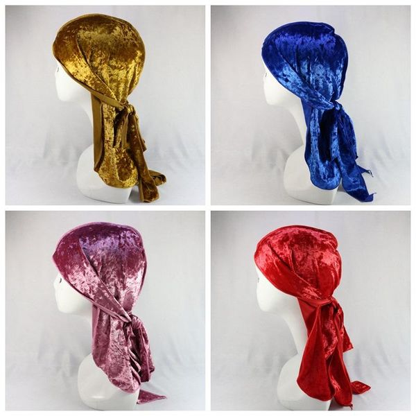 

gold velvet long tail stitch pirate hat headscarf cap bag head durag manufacturer cancer headwear beanies women