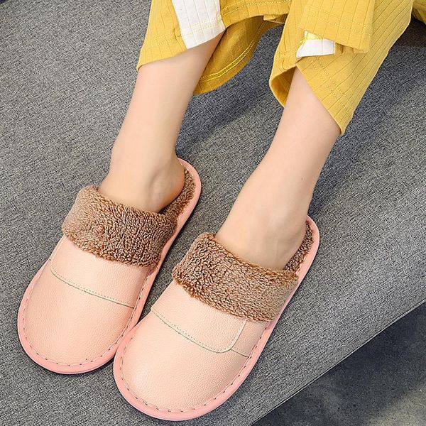 

slippers women genuine cow leather home couples lovers warm plush non-slip indoor floor shoes men casual slip on flats, Black
