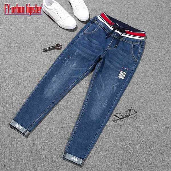 Taglie forti 5XL Lace up Jeans stretch donna polsino patch denim pantaloni harem elastico Moda donna Matita a vita alta mujer 210720