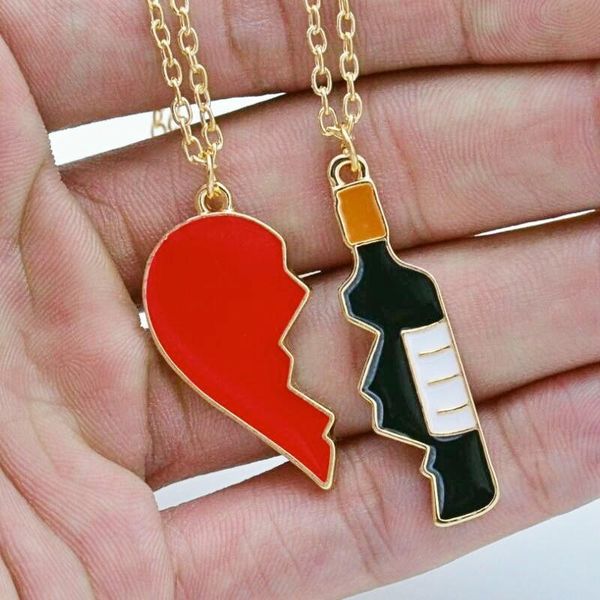 

pendant necklaces couple cracked heart wine bottle shape red necklace friends forever women men gift wholesale, Silver