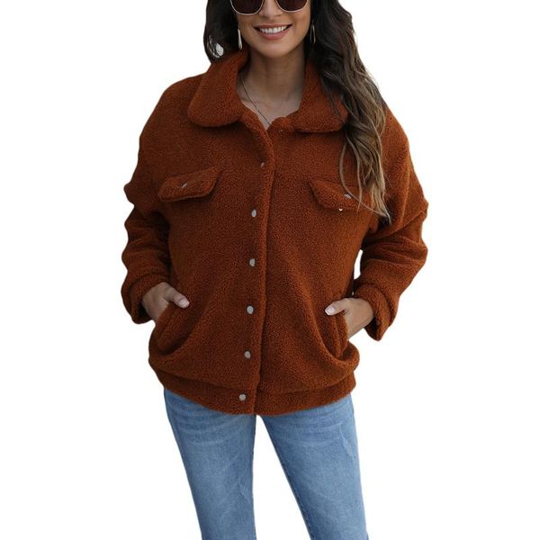 

women's jackets arrival fashion women button down fuzzy winter warm fluffy fleece long sleeve lapel coat with pockets, Black;brown