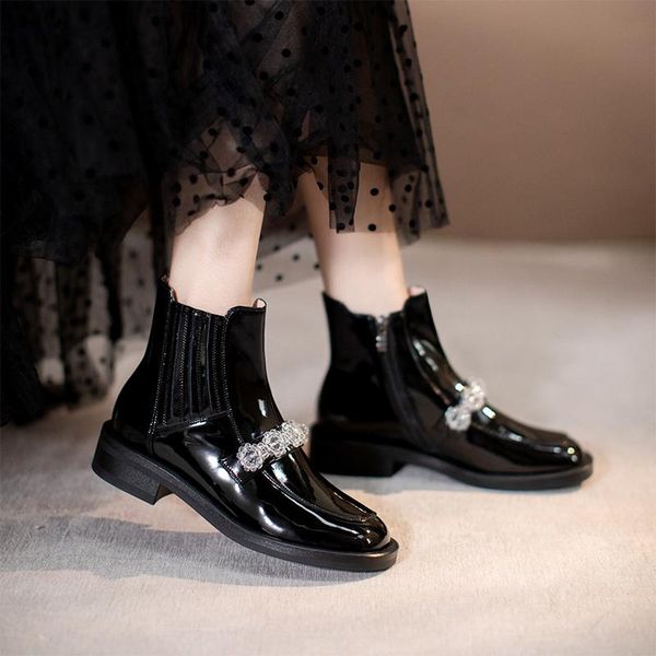 

boots women ankle natural leather shoes 22-24.5cm cow patent upper+pigskin lining + sheepskin insole for, Black