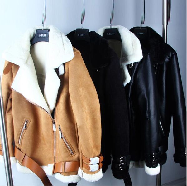 

women's leather & faux fashion winter fur one female temperament high-end coat lambs wool color matching motorcycle jacket bomber jacke, Black