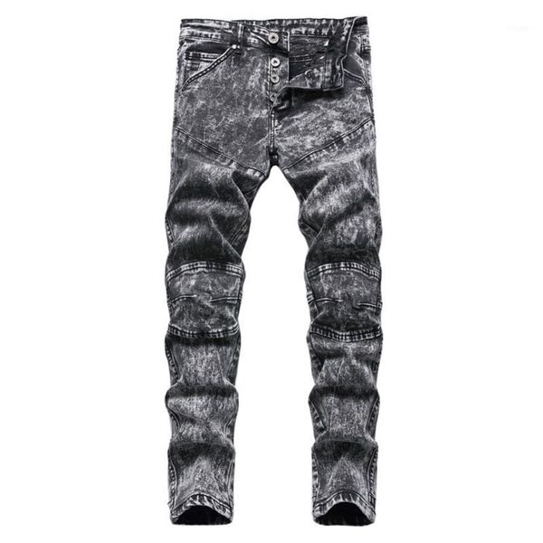 

men's jeans snow washed gray black stretch denim trendy buttons slim straight biker pants trousers, Blue