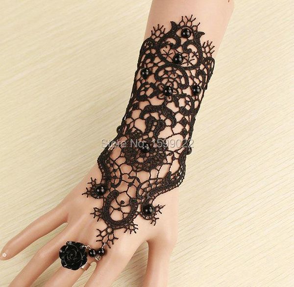 

charm bracelets 2pcs/lot fashion vintage black lace tattoo finger wrist bracelet gloves costume dress accessories for women hand gothic jewe, Golden;silver