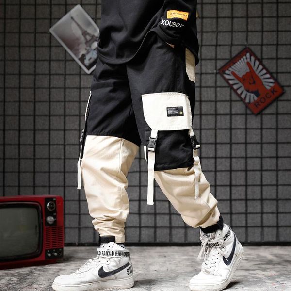 

men's pants men autumn winter black red patchwork hip hop cargo japan style man vintage multi pockets joggers punk casual sweatpants