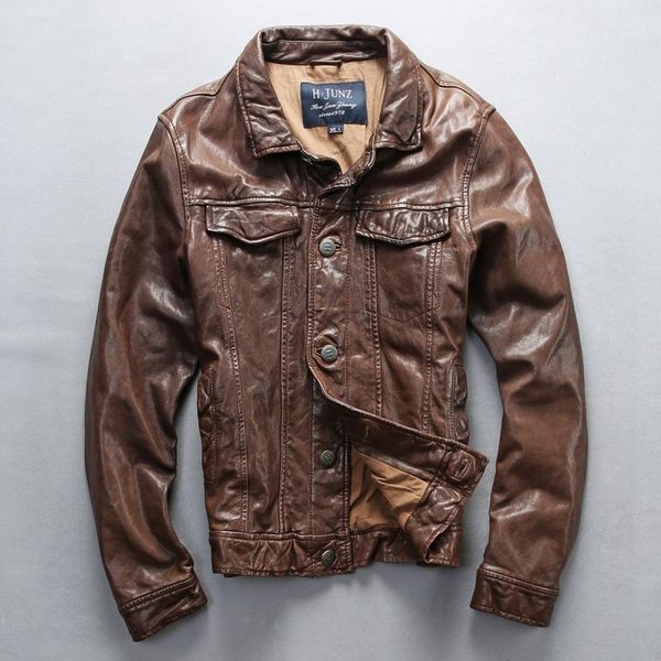 

men's leather & faux luxury genuine brand vintage sheepskin motorcycle biker jacket for male designer classic zipper flight coat, Black