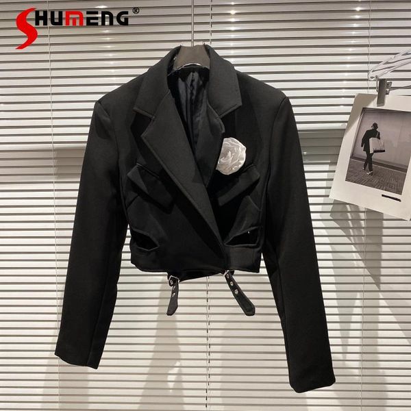

women's suits & blazers 2021 autumn flower brooch waist-slimming belt hollow-out short business tailored blazer suit coat for women, White;black