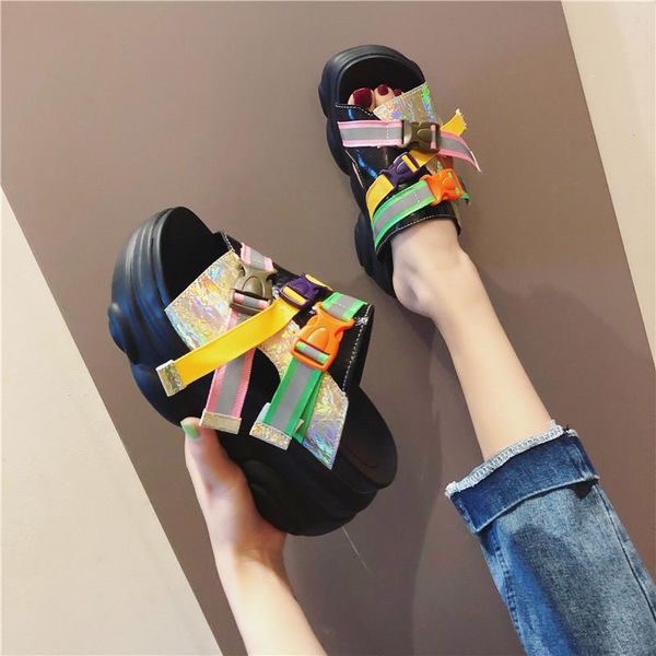 

slippers high heels platform wedge women fashion button summer shoes beach flip flops comfortable 2021 out sandals, Black