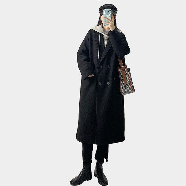 

women's trench coats ewsfv 2021 autumn arrive women woolen coat ladies fake two-piece quilted hooded mid-length trendy, Tan;black