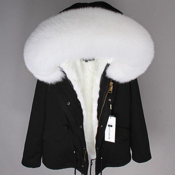 

women's fur & faux 2021 fashion real coat red collar liner short winter thick warm jacket woman's s-7xl parka, Black
