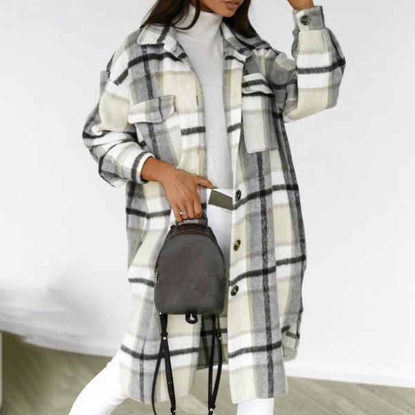 

women's trench coats 2021 winter checked women jacket down overcoat warm plaid long coat oversize thick woolen blends female streetwear, Tan;black