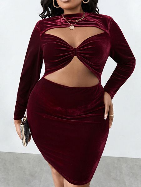 

sxy plus cut out mock neck velvet bodycon dress r68w#, Black
