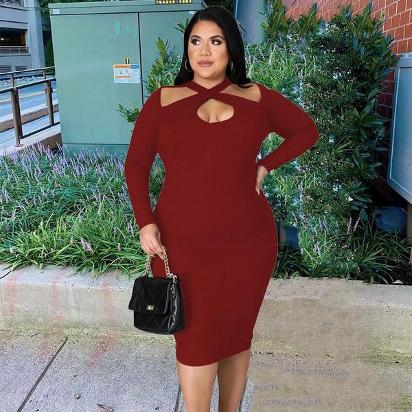 

plus size dresses dress women clothing ribbed outfit backless party long sleeve bodycon ladies wholesale drop, Black