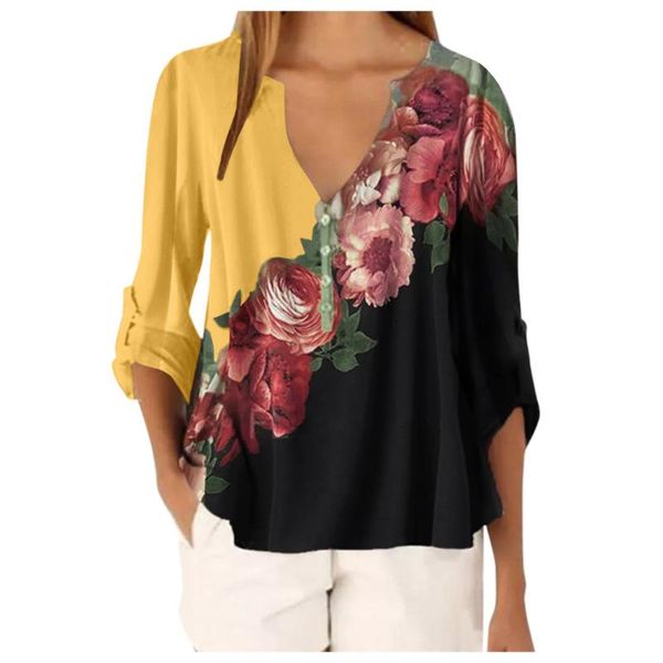 

women's t-shirt vogue women casual ladies v-neck floral print long sleeves loose summer clothing tee camisas mujer #g2, White