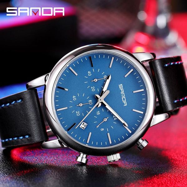 

wristwatches men's watches business clock calendar fashion quartz wrist leather strap sanda relogio masculino, Slivery;brown