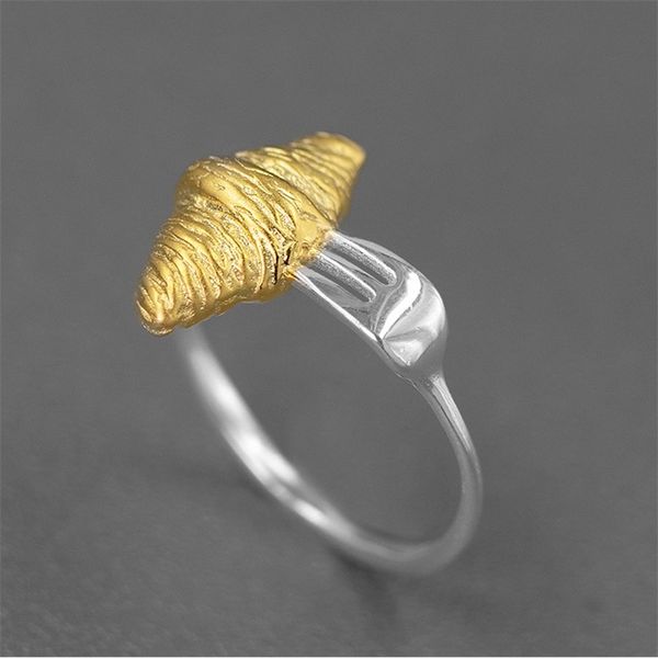 

inature good morning 925 sterling silver jewelry 18k gold croissant fork opening ring 211217, Slivery;golden