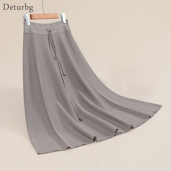 

casual dresses women's elegant cold knitted midi long skirt korean female waist drawstring a-line skirts autumn winte, Black;gray