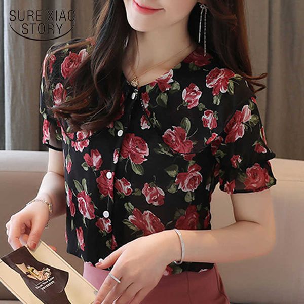 

summer short sleeve doll collar ruffle chiffon blouse women korean-style loose floral women and blouse chemise 9152 50 210527, White