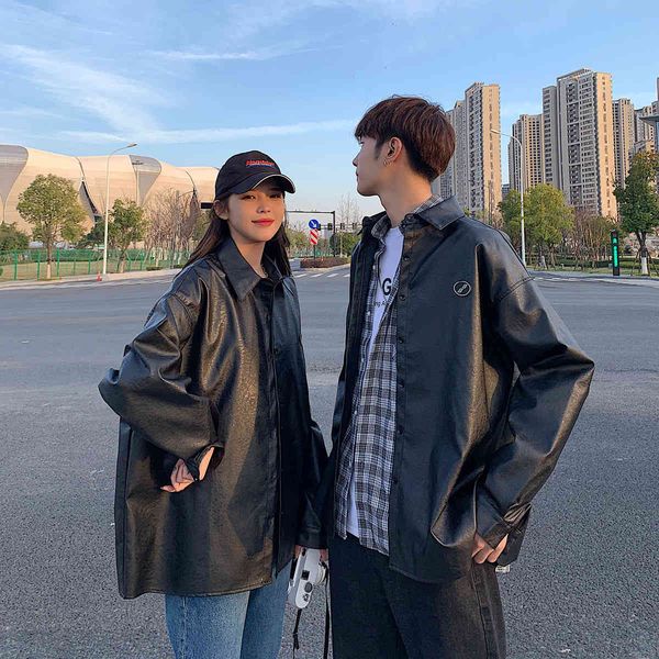 

men's leather & faux black leather jacket for korean designer couple streetwear motorcycle and ptkm