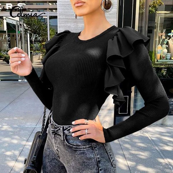 

blouses celmia o-neck tight blouse women 2021 spring elegant ol ruffles fashion long sleeve blusas autumn knitted solid tunic, White