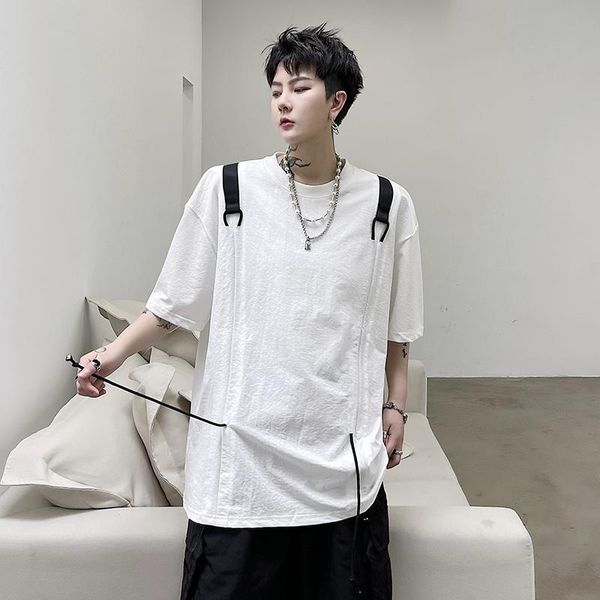 

men's t-shirts man japan harajuku style streetwear fashion loose casual t shirt drawstring short sleeve t-shirt male tees shirts, White;black