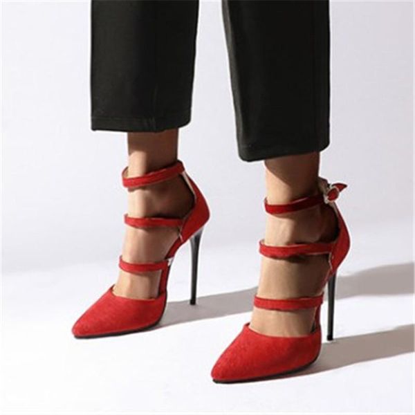 

dress shoes pxelena stiletto thin super high heels 12cm faux suede pointed toe ankle strap hollow out rome party nightclub pumps, Black