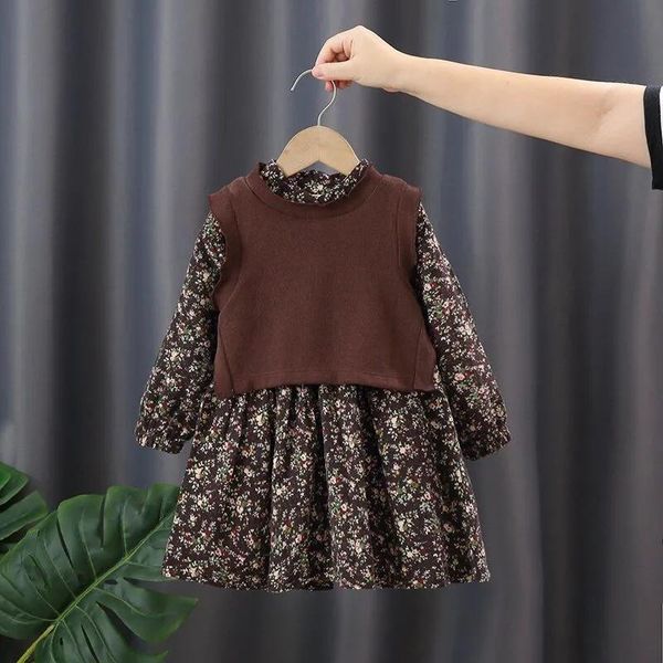 

girl's dresses girls floral dress spring and autumn fashion princess baby long-sleeved children's two-piece suit, Red;yellow