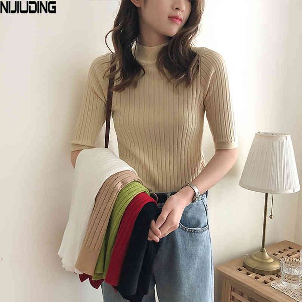 

knitted slim pullover women turtleneck sweater shirt female all-match basic half sleeve candy colors 210514, White;black